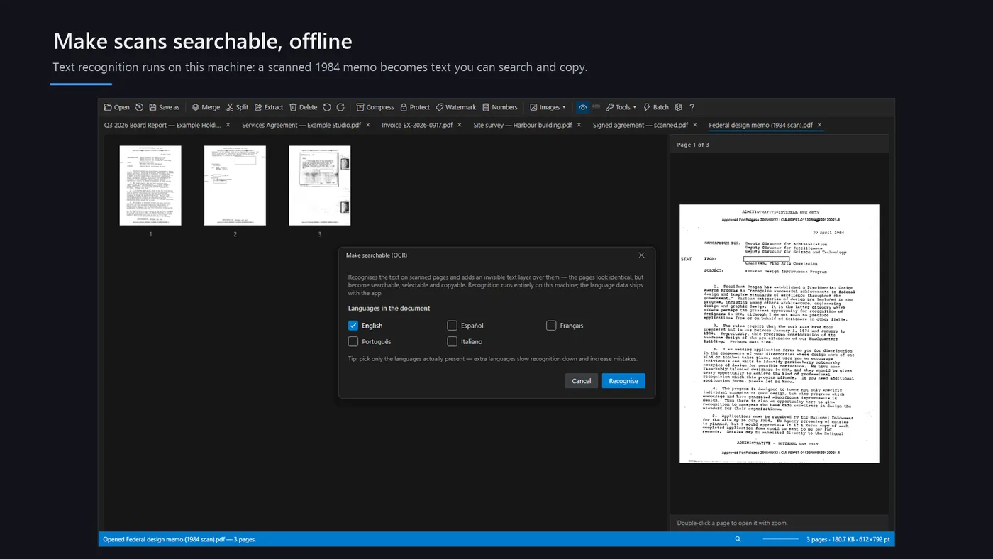 A scanned memo being made searchable offline, with the bundled language list