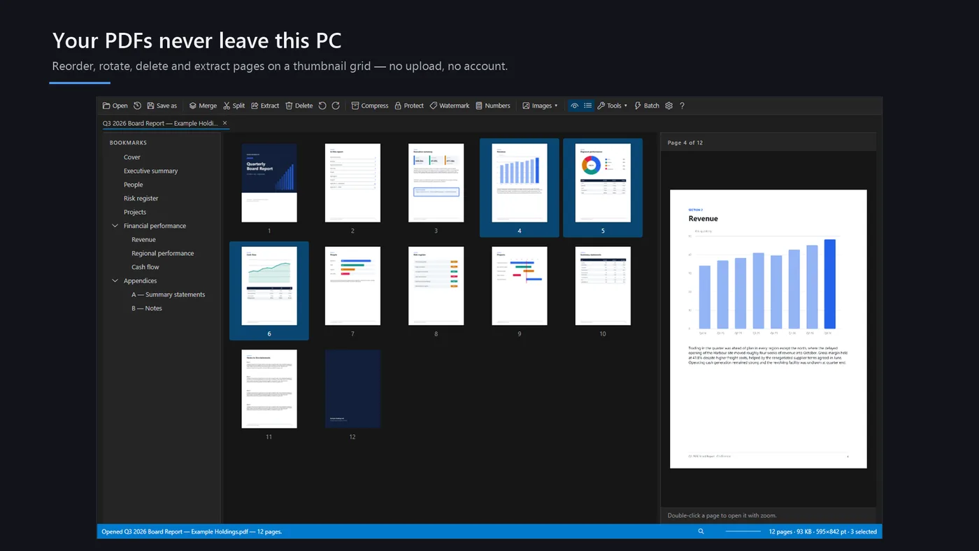 PDF Bag of Tools showing a document's pages as a thumbnail grid, one being dragged to a new position