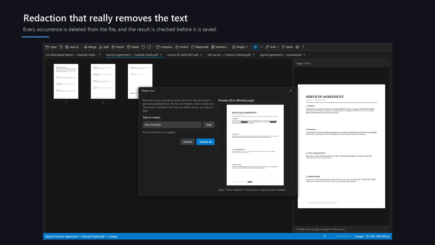 Searching for a name and removing every occurrence from the file, with the result verified before saving
