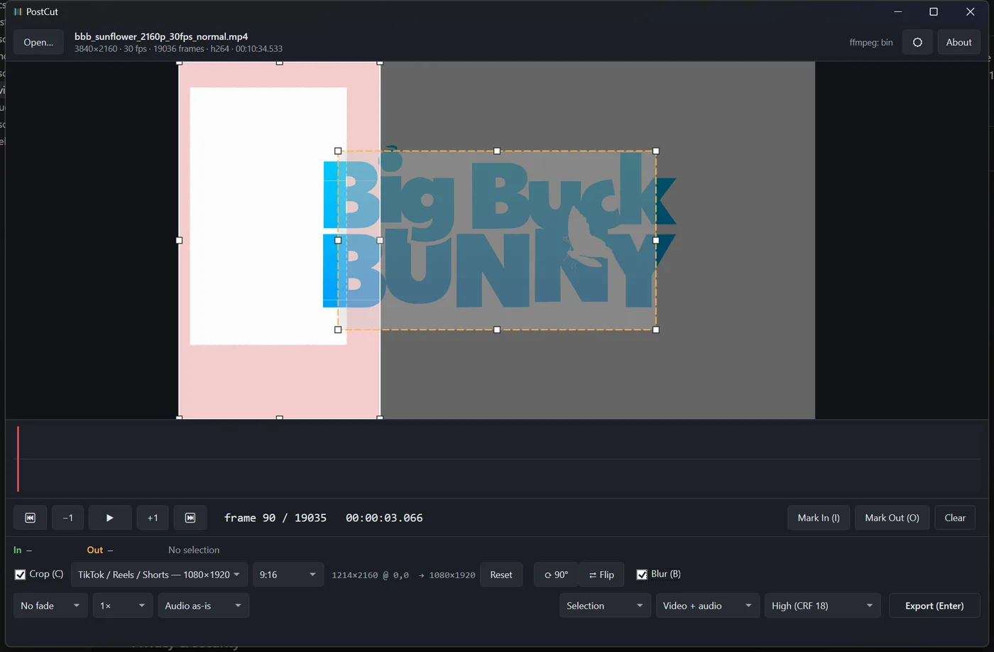 PostCut's region blur: an amber rectangle marks the area that will be blurred beyond recognition in the export