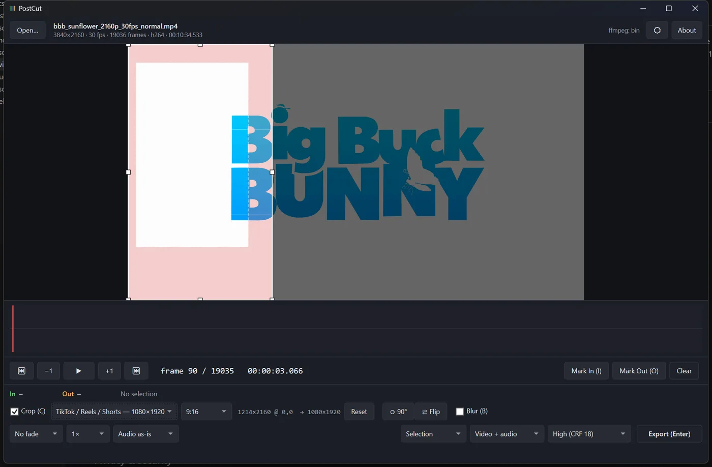 PostCut cropping a 4K video to 9:16 with the TikTok preset — safe-zone guides show where the platform UI will cover the picture